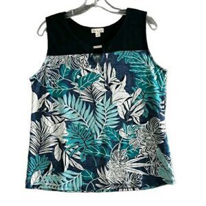 EMI & JOE Top Blouse Womens XL Blue Leaves Floral Print Silver Metal Keyhole